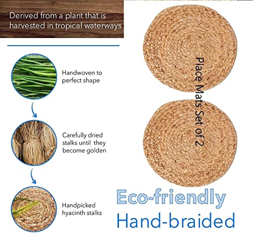 Ecomahrt Woven Placemats - Natural Wicker Placemat 2 Pack - Round Place Mats Crafted With Braided Water Hyacinth - Heat Resistant Non-Slip Wicker Chargers For Dining Table, Wedding, Holiday Dinner #TOP6
