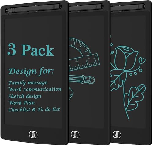 [3 Pack] TIQUS LCD Writing Tablet Pad 8.5 Inch Ewriter Electronic Board and MeMO Notes for and Adults at Home and Office Middle Stylus (Black)