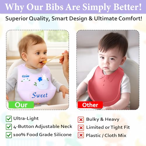 Image of GLUN Pack of 2 Soft Feeding Bibs with Bowl, Cute Sweet Rabbit Print for Growing Champs, Easily Wipes Clean, Comfortable Soft Baby Bibs, Less Time Cleaning after Meals for Babies