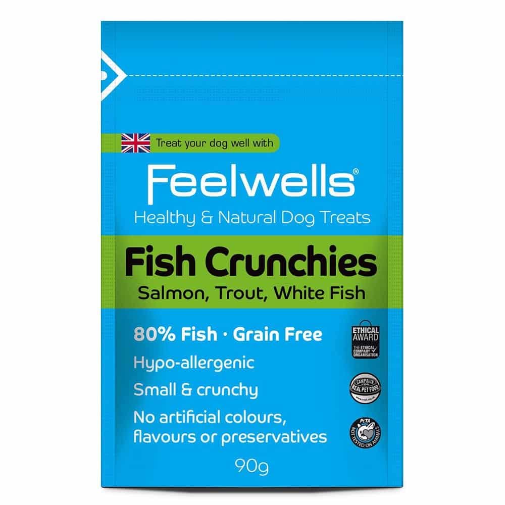 Feelwells Fish Crunchies - Healthy and Natural Dog Treats, 80% Fish (Salmon, Trout, White Fish), Grain Free, Hypo-Allergenic, Small and Crunchy, No Artificial Colors, Flavors and Preservatives, 90 g