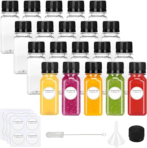 Premify 2oz Plastic Juice Bottles with labels Funnel & Brush 20pcs Small Empty Refillable Mini Jars For Essential Oils Ginger Shots Juice Shot DIY Projects Leak-Proof BPA-Free with Caps