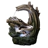 Teamson Home Gartenbrunnen 82 cm mit Waldstein- und Holzoptik, kaskadierender Wasserfluss und integrierter LED Beleuchtung, Grau