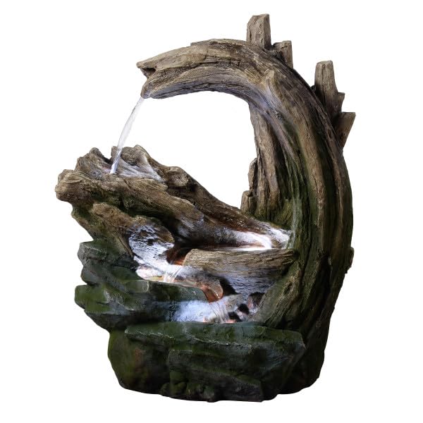 Teamson Home Gartenbrunnen 82 cm mit Waldstein- und Holzoptik, kaskadierender Wasserfluss und integrierter LED Beleuchtung, Grau