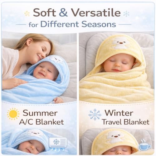 Image of BRANDONN Ultra Soft Polar Fleece Baby Hooded Blanket with Premium Embroidery, 200 GSM All-Weather Newborn Wrapper, Bath Towel White Piping Stitch, 24 x 30 Inches, 0-6 Months, Pink, Sky, Mango