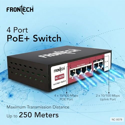 Image of Frontech PoE+ Switch | 4+2 Ports | 72W Power | 250m Extend | 10 /100 Mbps | Dual Uplink | Plug & Play | ESD Protection | Ideal for CCTV /IP Camera /NVR | 2 Year Warranty (NC-0078)
