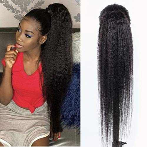 Brazilian Virgin Kinky Straight Human Hair Drawstring Ponytail For Black Women 8A Grade Kinky Straight Clip In Human Hair Ponytail Extension Human Hair Pieces Natural Black (26Inch, Ponytail)