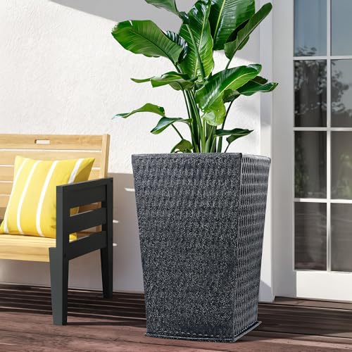 Image of Kuber Industries 16-Inch Roto Mould German Polymer Extra Large Big Size Flower Pot | Indoor /Outdoor Tree Gamla Planter for Living Room, Resorts, Hotels, Terrace & Garden | Marble Matrix Tower - Black