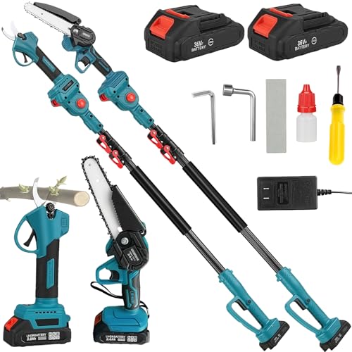 WUDLEP 4-in-1 Pole Saw & Electric Pruning Shears, 6 Inch Chainsaw and Cordless Pruning Shears for Garden Pruning, 2m Reach Pole and 2 * 36V 3.0Ah Battery for Tree Trimming, Blue