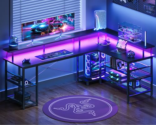 ODK 66" L Shaped Gaming Desk with Power Outlet and LED Lights, PC Gaming Table with Carbon Fiber Texture, Reversible L Shape Desk with Storage Shelves & Monitor Stand, Home Office Desk, Black
