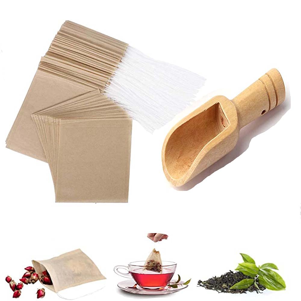 100 Pcs Biodegradable Tea Filter Bag, Disposable Wood Pulp Material Fiber Drawstring Sealed, Free 1 Pcs Small Wooden Spoon