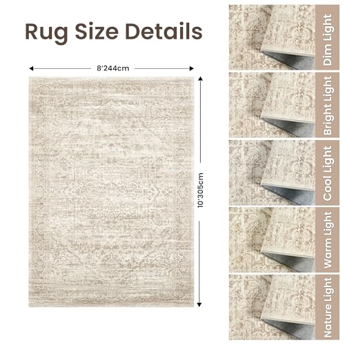 Rugland 8x10 Area Rugs - Stain Resistant Washable Rug, Anti Slip Rugs for Living Room, Vintage Tribal Area Rugs(Distressed Beige, 8'x10')