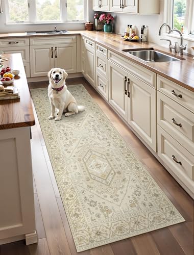 SERISSA Boho Washable Runner Rug, 2x6 Non-Slip Kitchen Runner Rug Vintage Beige Hallway Rug Ultra Soft Print Distressed Oriental Floor Carpet Runner for Bedroom Bathroom Laundry Living Room