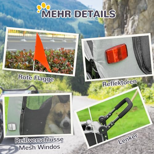 PawHut 2-in-1 Hundeanhänger & Hundebuggy, Hundefahrradanhänger Fahrradanhänger, Hundewagen mit Reflektoren für Mittelgroße Hunde bis 20 kg, Oxford-Gewebe, Grau