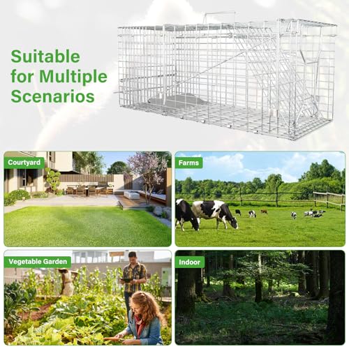 32\" Live Animal Cage Trap, Humane Cat Trap Galvanized Iron,Heavy Duty Folding Animal Trap with Handle for Rabbits, Stray Cats, Raccoons,Groundhogs and Opossum(32 * 12 * 12.5inch)