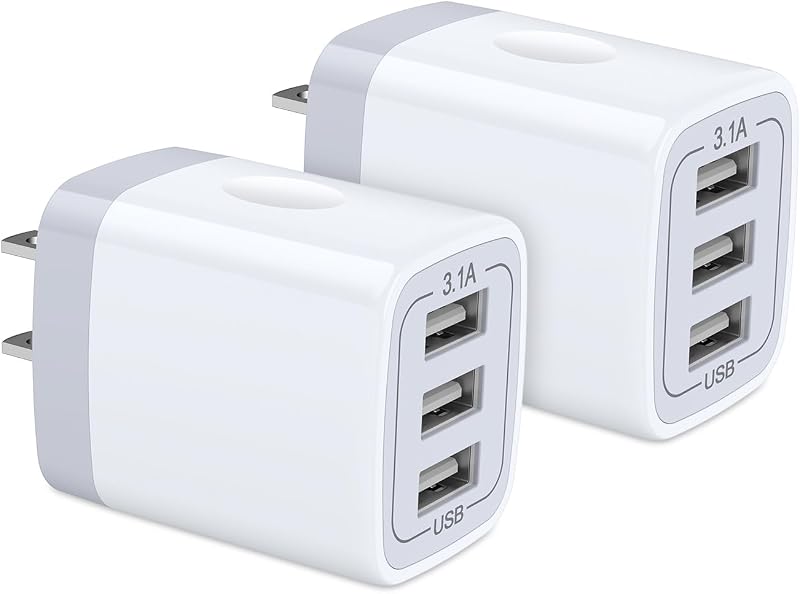 USB Wall Charger, Wall Plug 3-Port USB Charging Block 3.1A Power Adapter | 2Pack Multi Port Quick Charger Cube Station for iPhone 17 16 15 14 13 12 11 Pro XS MAX 8 iPad Samsung Galaxy S26 S25 S24 S23