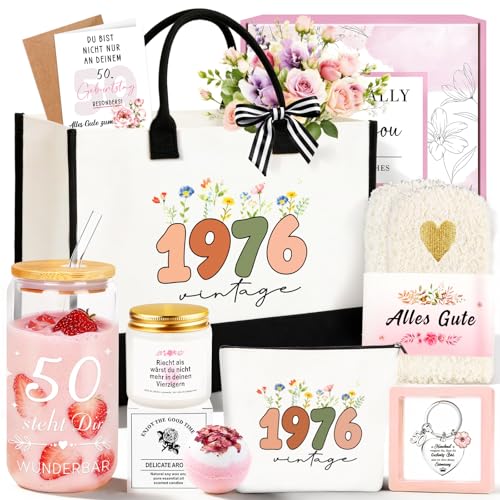 TUZELIYA 50 Geburtstag Frauen 8tlg. Geburtstagsgeschenk für frauen mit Vintage 1976 Canvas Einkaufstasche 50. Geburtstag Geschenkset mit Grußkarte für Oma Mama Ehefrau Freundin Kollegin