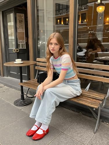 Women's Mary Jane Flats Comfortable Round Toe Red Ballet Flats Buckle Slip on Dressy Shoes Casual Office Party4