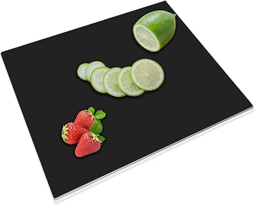 JAMBALAY Tabla de cortar de vidrio templado para cocina, tabla de cortar de vidrio negro de 16 x 12 pulgadas con pies antideslizantes, tabla de