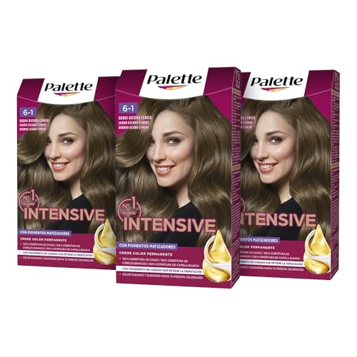 Palette Intensive Creme Color 6-1 Rubio Oscuro Ceniza, tinte de pelo permanente que cubre el 100% de las canas y raíces, para un color rubio oscuro con tonos ceniza, Pack 3