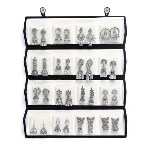 Image of 16 Pair Oxidised Silver Earring Jhumka Box Combo Set - Traditional Jhumka Earrings, Chandbali & Stud Collection for Women with Black Velvet Box
