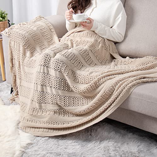 lifein Decorative Throw Blanket for Couch,Soft Boho Farmhouse Knitted Bed Throw,Cozy Woven Small Lightweight Throws with Tassel for Autumn(Tan/Taupe,50 * 60')