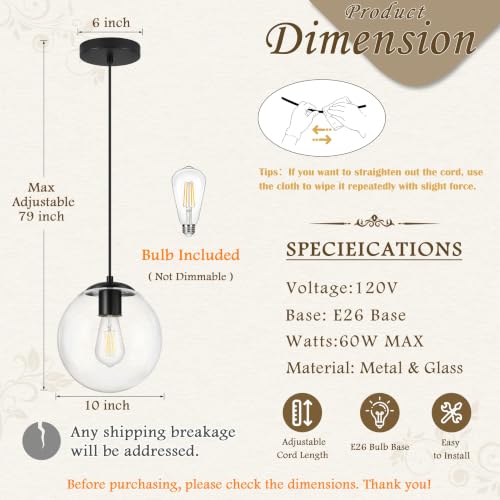 KoKo&Yukina 10" Clear Glass Pendant Lights Kitchen Island 2 Pack Modern Globe Pendant Light Mid-Century Modern Black Pendant Light Fixtures for Dining Room Bedroom Entryway Hallway (Bulb Included) - Image 5