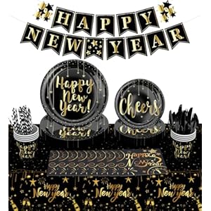 Happy New Year Eve Party Supplies Nye Decorations 2026 Tableware, New Years Plates and Napkins Disposable, 194 Pcs Happy New Year Banner Paper Plates, Napkins, Cups, Tablecloth Serve 24