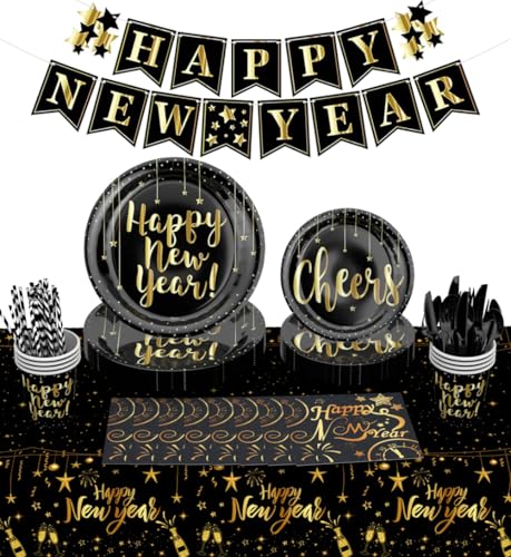 Happy New Year Eve Party Supplies Nye Decorations 2026 Tableware, New Years Plates and Napkins Disposable, 194 Pcs Happy New Year Banner Paper Plates, Napkins, Cups, Tablecloth Serve 24