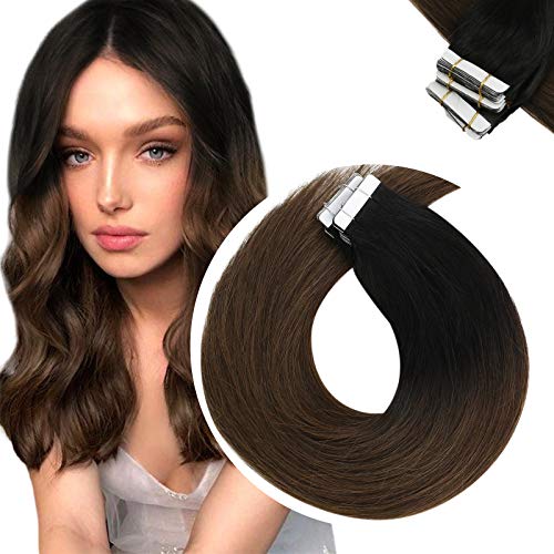 Sunny 16 inch Tape in Dark Brown Hair Extensions #1B Off Black Ombre to #4 Dark Brown Seamless Skin Weft Human Hair Invisible Remy Tape in Hair Extensions Human Hair 20 pcs 50g/pack