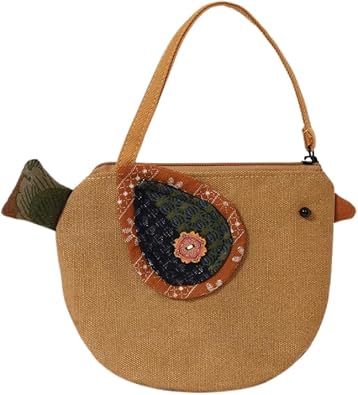 Cute Bird Canvas Bag for Women, Artistic Patchwork Animal Shaped Handbag Purse for Daily Use, Travel, or Work