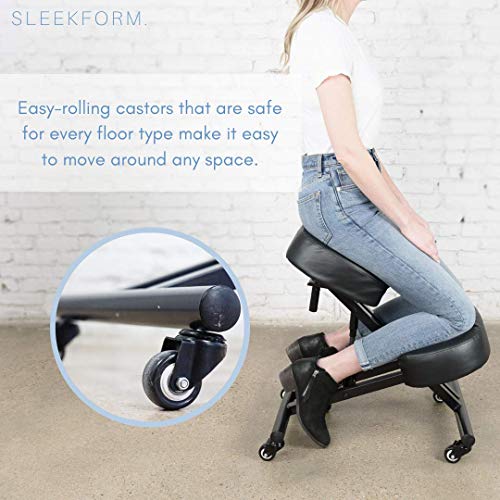SLEEKFORM Kneeling Chair Height Adjustable | Ergonomic Posture Correcting Knee Stool for Bad Back Support, Neck Pain Relief, Computer Desk | Orthopedic Faux Leather Knees Cushions | Universal Wheels - Thumbnail 2