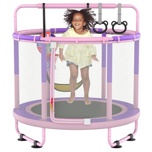 60" Trampoline for Kids, 5ft Toddler Mini 6-in-1 Trampoline Indoor Outdoor with Swing, Basketball Hoop, Dart Board, Rings, Christmas Toys Birthday Gif