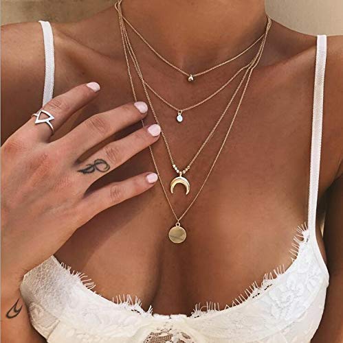 Ckecharfa Boho Layered Moon Pendant Necklace Gold Sequins Necklaces Chain Beaded Choker Chains Adjustable Jewelry for Women and Girls