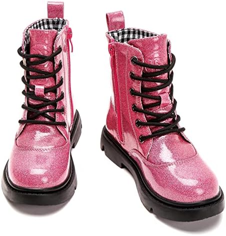 kkdom Boys Girls Waterproof Lace Up Side Zipper Mid Calf Combat Boots(Toddler/Little Kid/Big Kid) Glitter Hot Pink US Size 2 M Little Kid