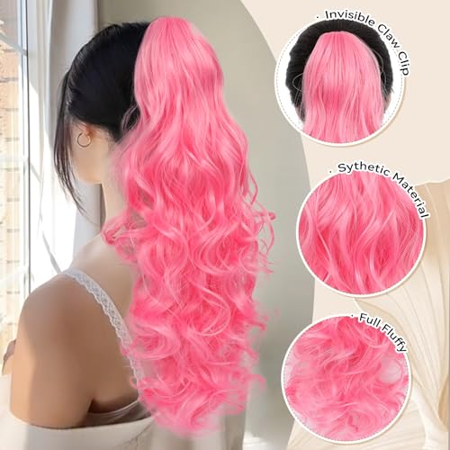 Image of 24 inch Ponytail Extension, Long Curly Wavy Claw Clip and Natural-Looking Synthetic Hairpiece, Voluminous Pony TailHair Extensions for Women Daily Wear. (Deep Pink, 24Inch)