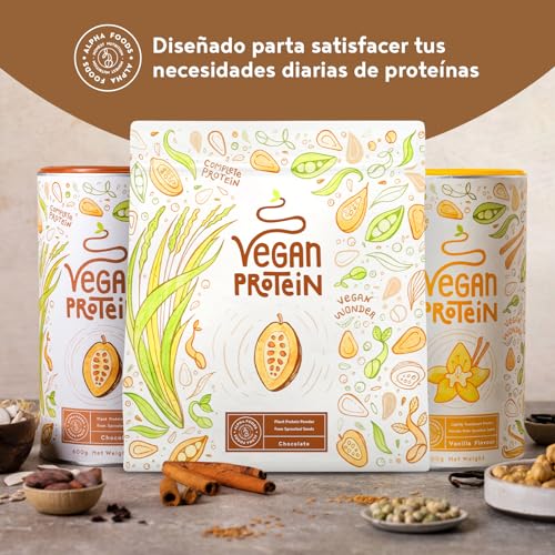 Alpha Foods | Proteína Vegana en Polvo | Sabor Chocolate | 100% Proteina Vegana | 21g dosis Vegan Protein Powder de Guisante, Arroz, Girasol y Soja | Proteína Aislada para Masa Muscular | 600g