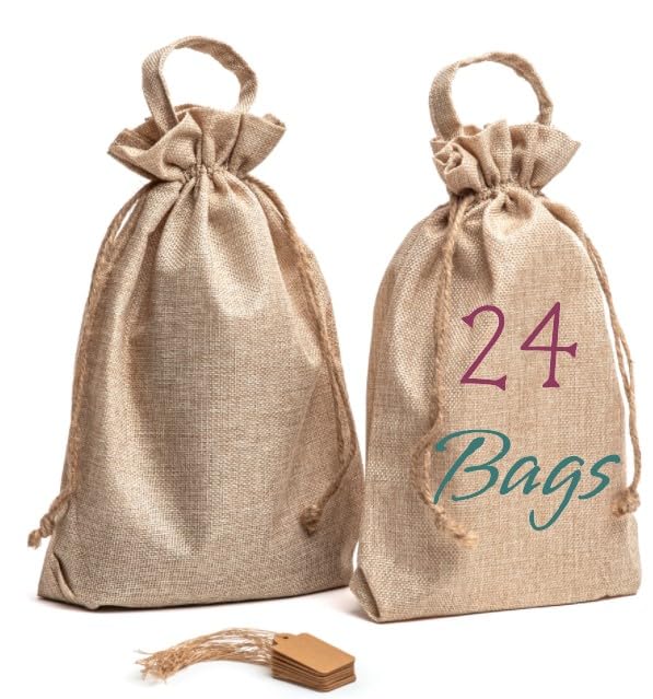 24 pk - Burlap Bags with Drawstring & Labels - Multi-Use 10" x 13" x 2" Jute Bags with Handles for Wedding, Party Favors, Diy Craft, Grocery, Household, Kitchen Storage - Rustic Burlap Gift Bags