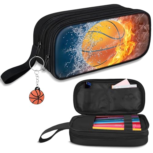 Image of TILYTADLY Large Pencil Case for Boys - Basketball Boys Pencil Pouch with Zipper Compartments - Big Capacity Pen Box Pen Bag Organizer with Keychain for Kids Teens School