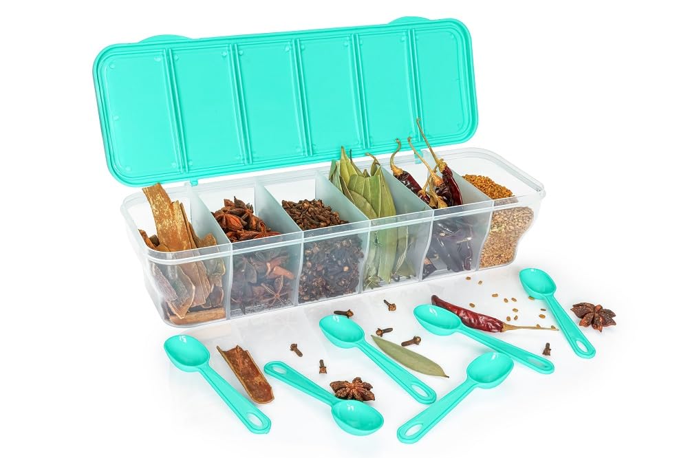 KITNET Multipurpose Plastic 6 in 1 Masala Box for Kitchen, Spice Boxes for Kitchen,6 Compartment Storage Containers Grocery,Cereal,Dry Fruits Dabba 1800 Ml with 6 Spoons (PISTA)-picture-40