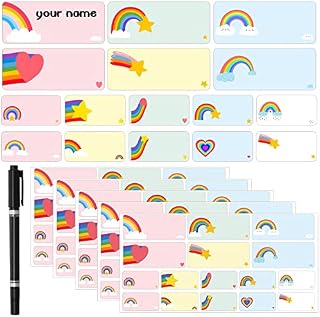 BBTO 80 Pieces Name Labels Self Adhesive No Iron Waterproof Name Stickers Camp Clothes Labels with Laundry Marker Name Labels for Kids Adults (Rainbow)