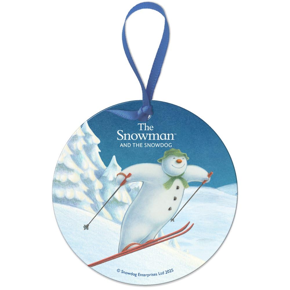 Round Metal Dangler Ornament Sign (75 mm Diameter) - The Snowman and the Snowdog (Ski Jump)