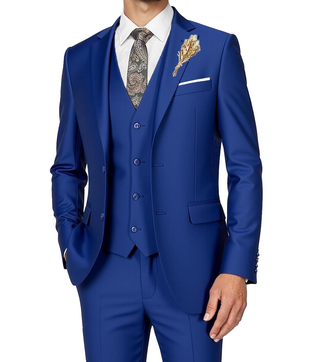 Men's Suits 3 Piece Slim Fit Dress Tuxedo for Men Two Button Solid Jacket Vest Pants Set