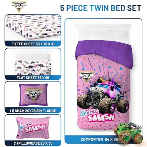 Image of Monster Jam Twin Comforter Set 5 Piece Kids Bedding for Girls, Pink | Sparkle Smash, Bed in a Bag, Comforter Sheets Sham Pillowcase, Soft Microfiber, Machine Washable, Girls Gift