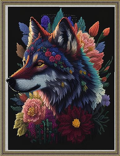 Image of Dimensean Stamped Cross Stitch Kits Full Range of Embroidery Patterns Starter Kits for Beginners Adult DIY Cross Stitches Needlepoint Kits 11CT-Flower Wolf 15.7x19.7 inch