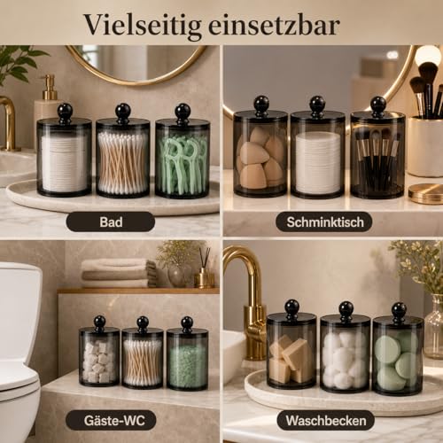 ALINK Kosmetik Organizer 3er Set mit Deckel, Schwarze Wattestäbchen Halter für Badezimmer, Apothekergläser Aufbewahrung für Wattepads, Wattebäusche, Zahnseide, Make-up-Schwämme & Haarspangen
