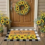 Drydiet 2 Pcs Spring Layered Coir Doormat Set Sunflower Welcome Front Door Mat with Black and White Buffalo Plaid Outdoor Rug Non Slip Porch Entryway Rug for Indoor Outdoor Farmhouse Decor