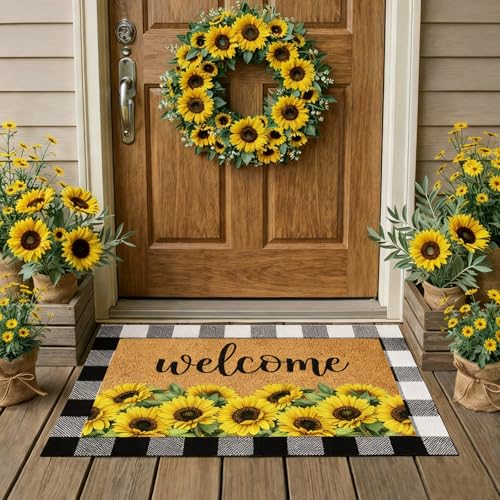 Drydiet 2 Pcs Sunflower Layered Coir Doormat Set Sunflower Welcome Front Door Mat with Black and White Buffalo Plaid Outdoor Rug Non Slip Porch Entryway Rug for Indoor Outdoor Farmhouse Decor