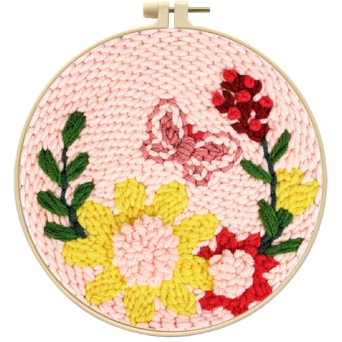 Image of Zhenqing Butterfly & Floral Punch Needle Embroidery Kit | 29x29cm Pink Bloom Design with Hoop & Tools | DIY 3D Textured Wall Art for Beginners(Z95092C)