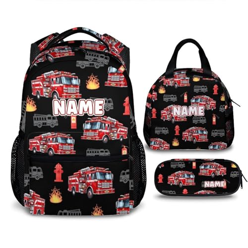 School Backpack for Kids, Set of 3 Custom Fire Truck Backpacks for Boys Kindergarten Elementary Primary Middle College. 17 Inch Personalized Durable Cool Bookbag for Travel