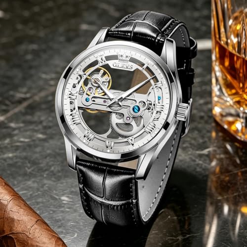 Image of OLEVS Skeleton Watches for Men Automatic Self Winding Mechanical Luxury Dress Leather Waterproof Luminous Men Wrist Watch